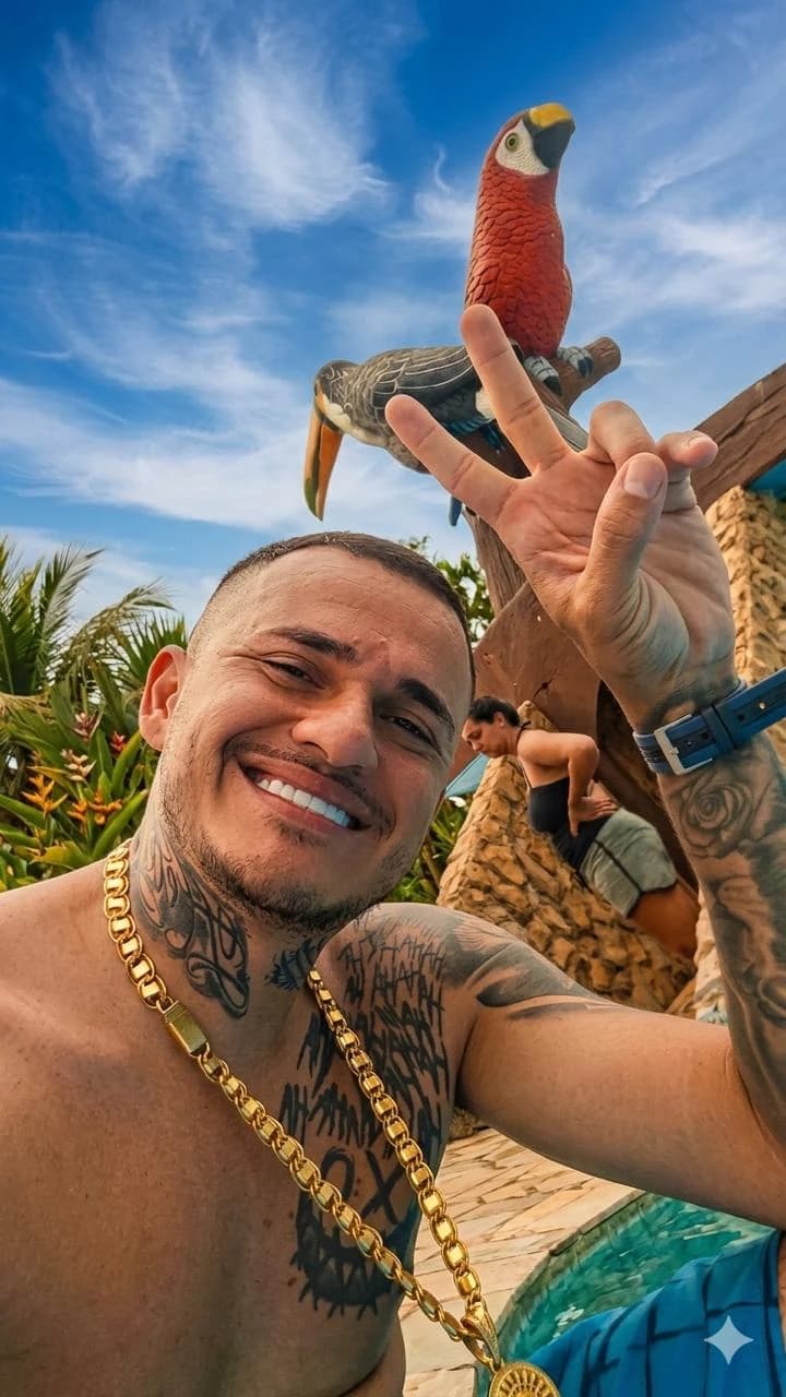 Lucas ao lado de uma arara